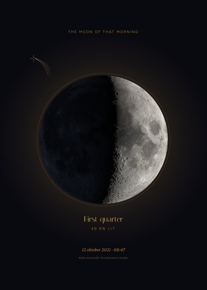 The moon page from Noah's book: NASA's image of 12 October 2021, first quarter, 40.5% illuminated